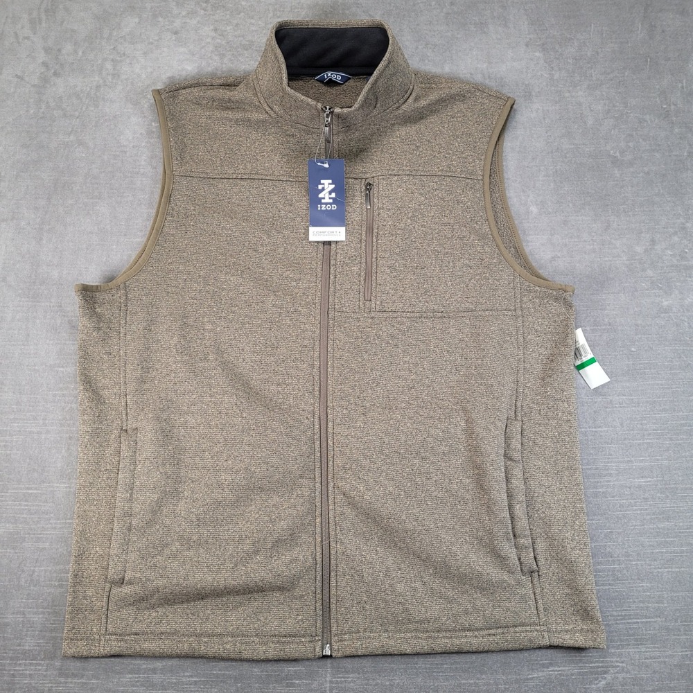 IZOD Full Zip Vest Mens Large Brown Comfort Performance Fleece Sleeveless New